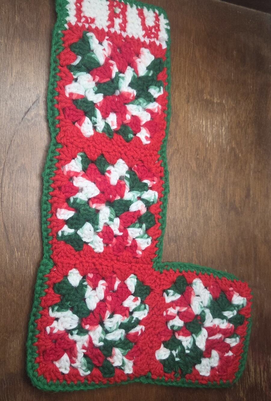 Vtg Handmade Crochet Granny Square Christmas Stocking White Red Green